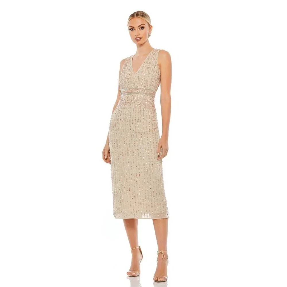 Mac Duggal Sequined Sleeveless V-Neck Midi Sheath Dress Nude 8 #8625 - Picture 1 of 8